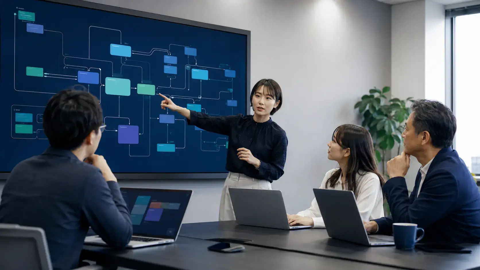 Engineering team discussing connections between business systems