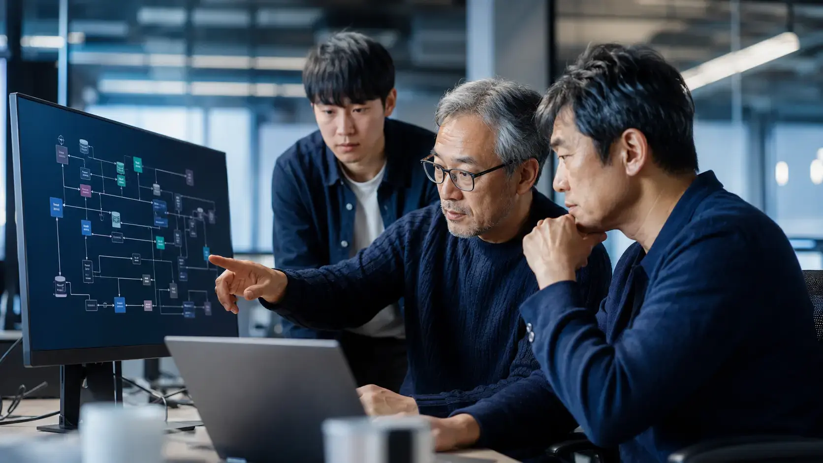 Backend engineers reviewing a software architecture diagram