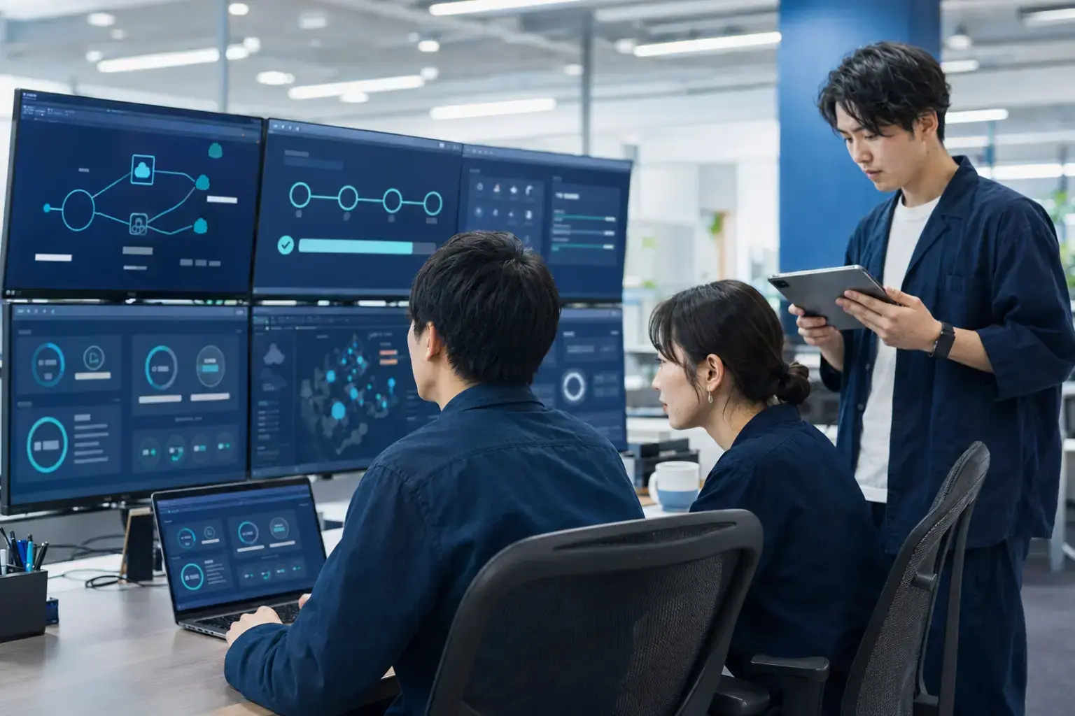 DevOps engineers monitoring a cloud software deployment