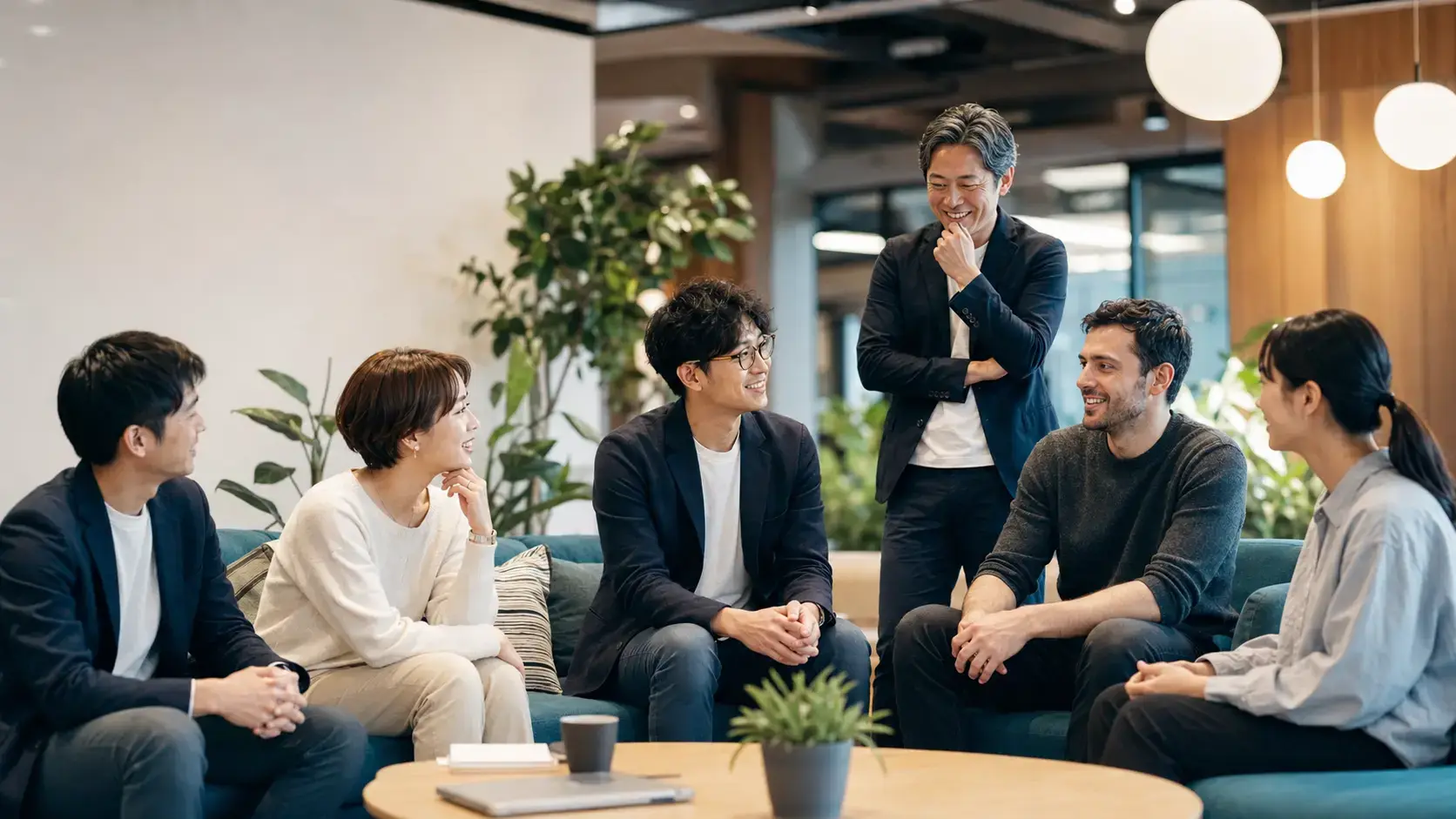 Technology team sharing a relaxed office conversation