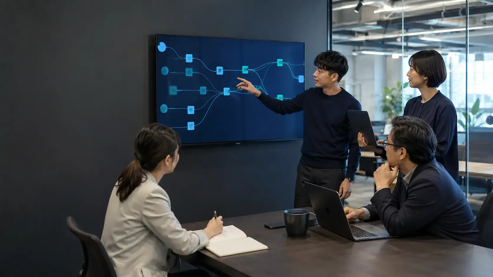 Data engineering team reviewing a connected data pipeline