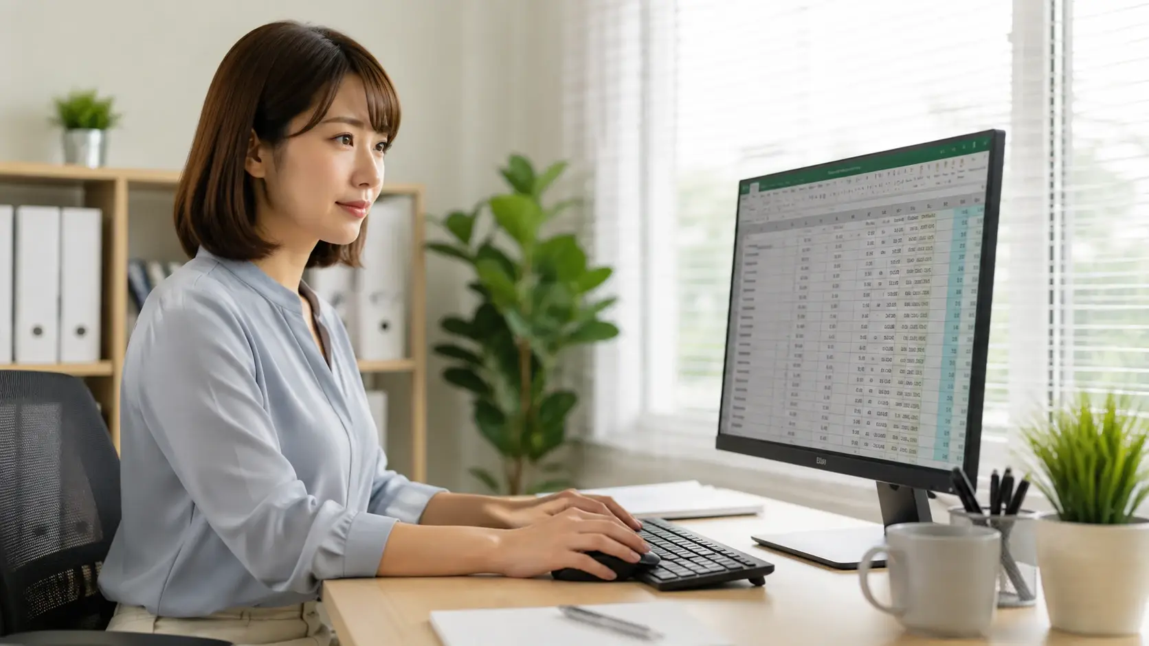 Japanese data entry specialist updating spreadsheet records