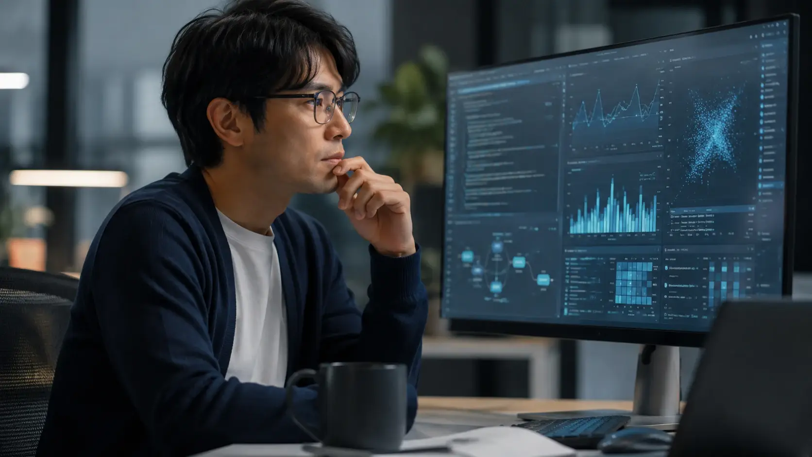 Japanese data scientist reviewing analytics and dashboard data