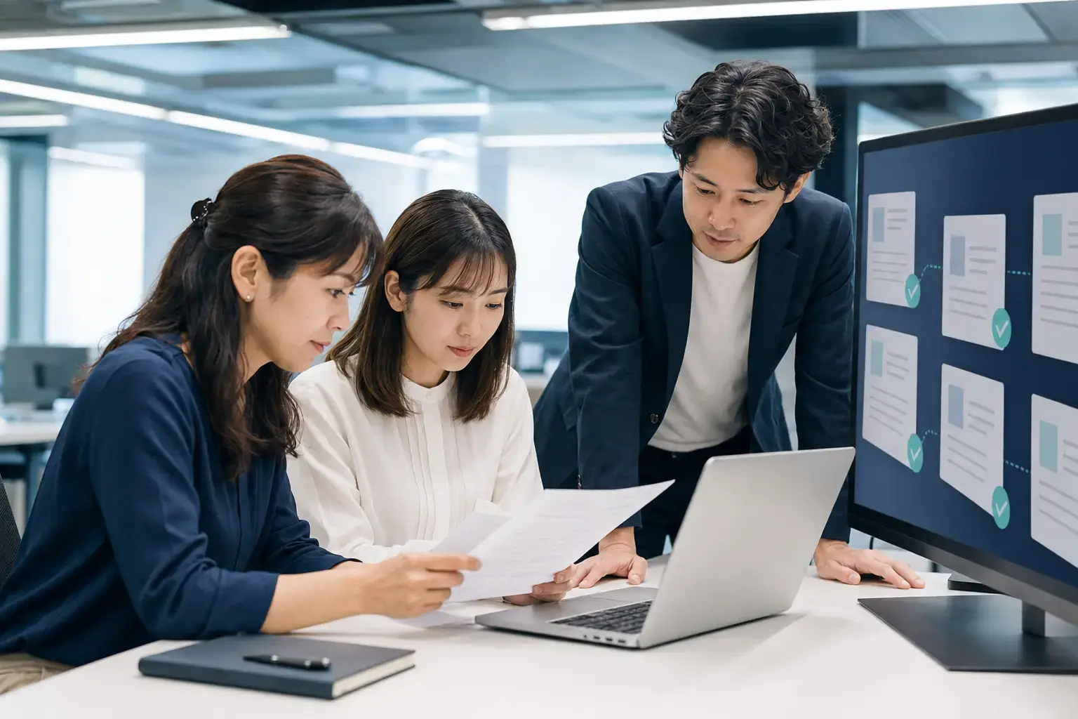Operations specialists validating documents with software assistance