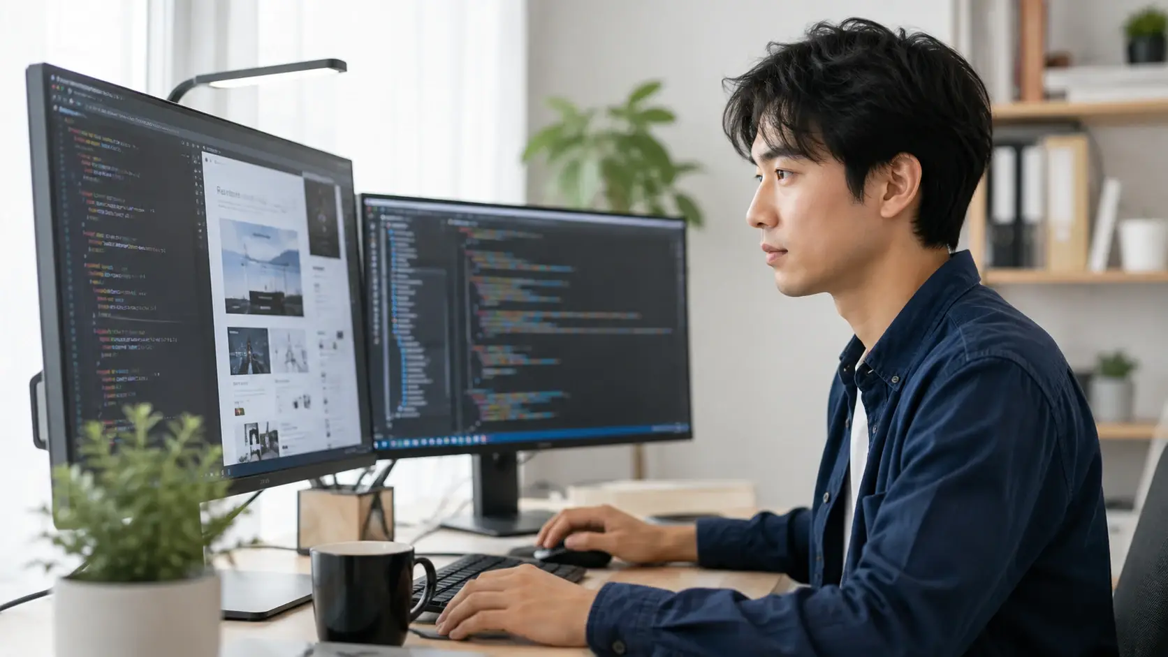 Japanese frontend developer working on a web interface at a desktop workstation