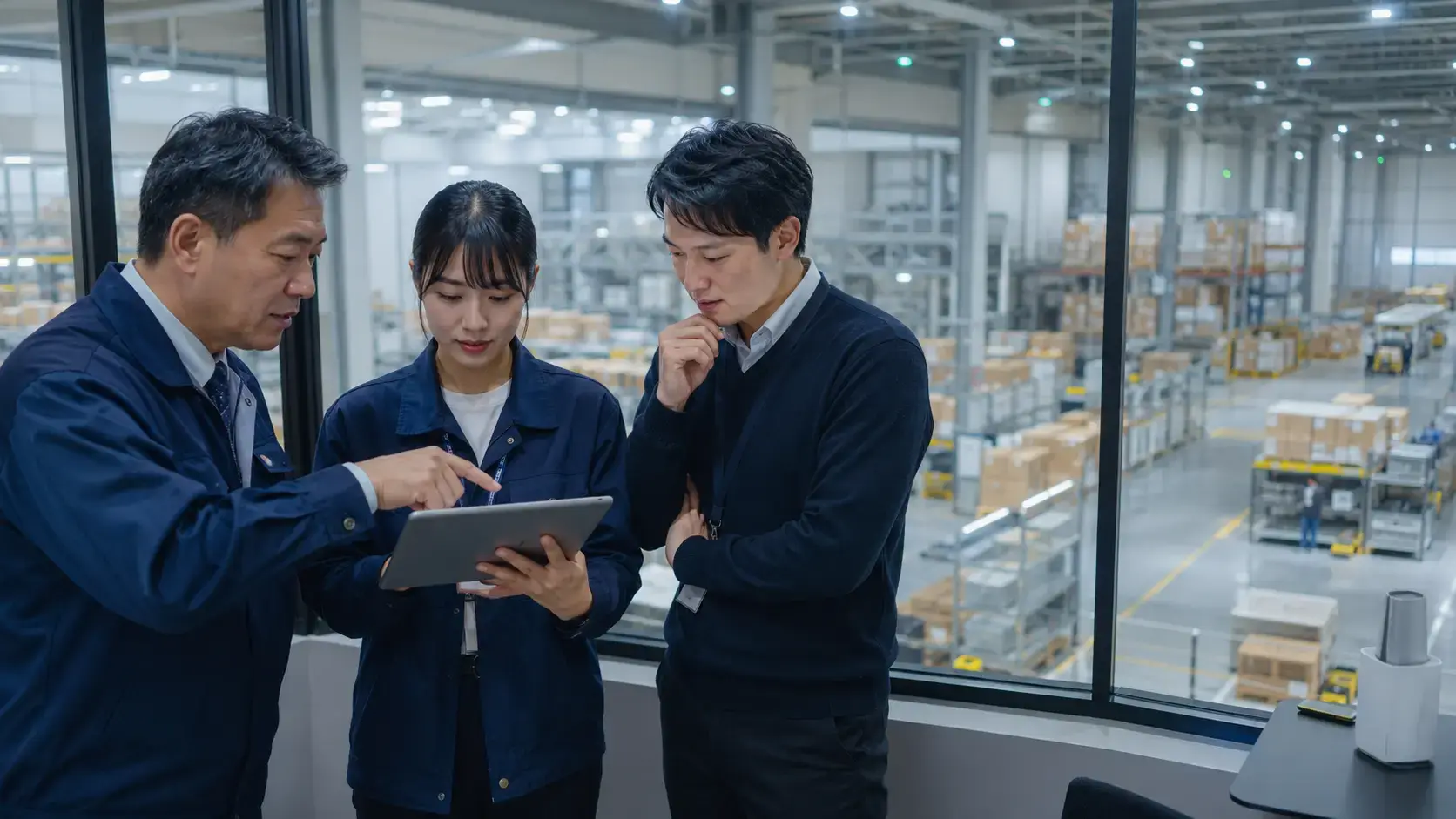 Logistics manager and software specialists reviewing warehouse operations