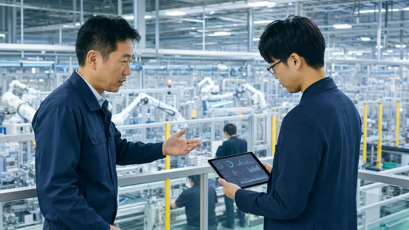 Manufacturing supervisor and software engineer discussing production data