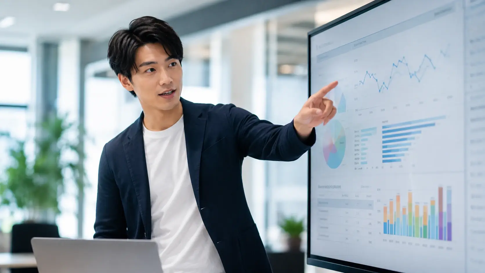 Japanese software marketer presenting analytics and growth charts