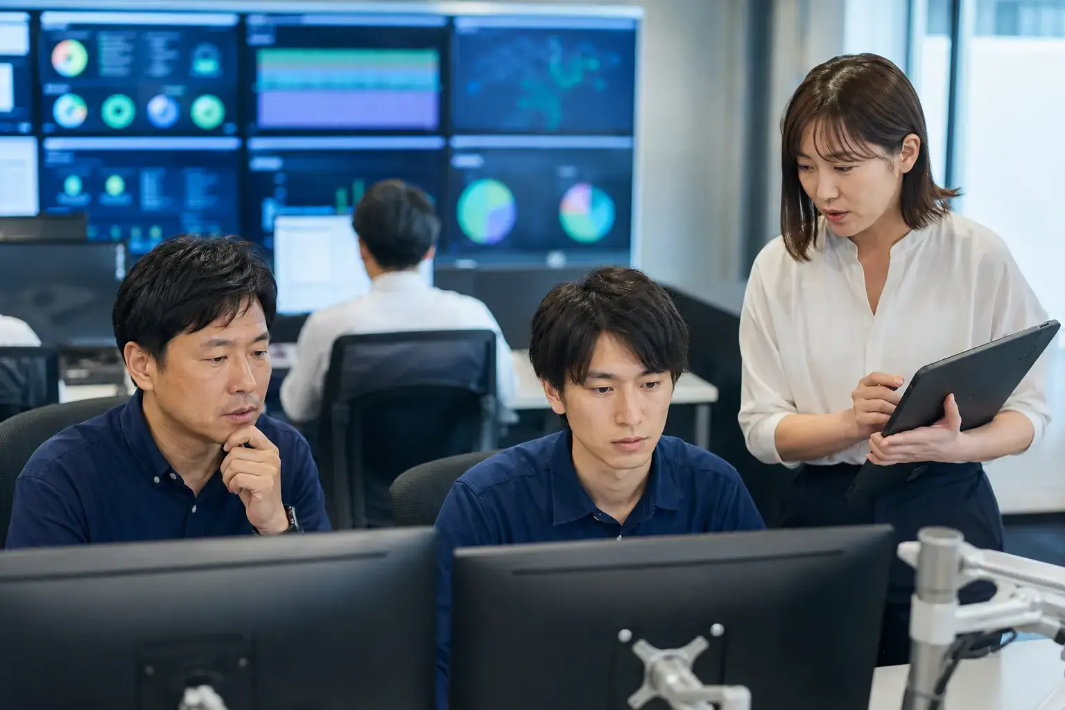 Support engineers monitoring and investigating a software issue